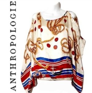 ANTHROPOLOGIE Silk Cold Shoulder Rope Anchor Print Butterfly Batwing Top EUC